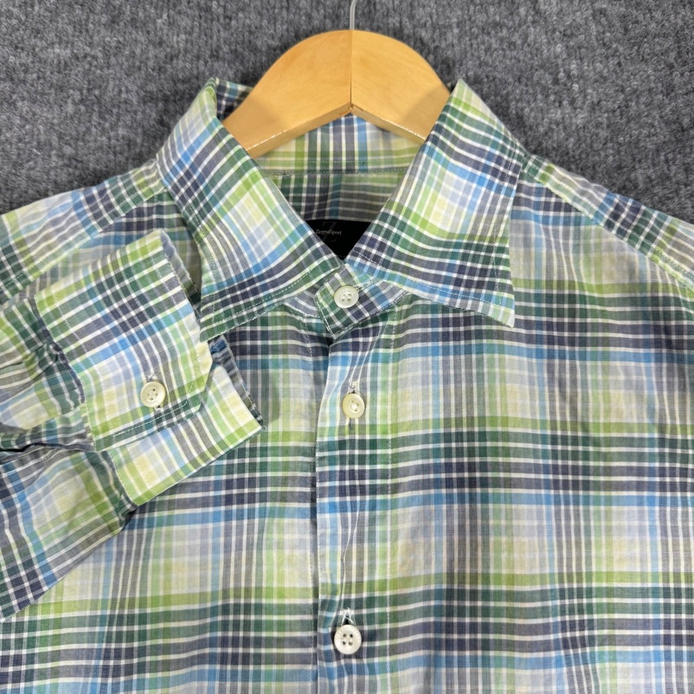 Zegna Sport Plaid Button Down Shirt Mens XL Green Blue White Cotton EUC Luxury